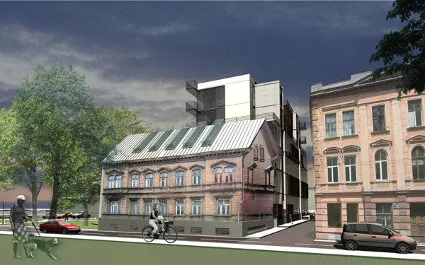 BIROJU UN DAUDZDZĪVOKĻU DZĪVOJAMĀ ĒKA. Rīga, Kalnciema iela 9 / Skiču projekts 2004.g.